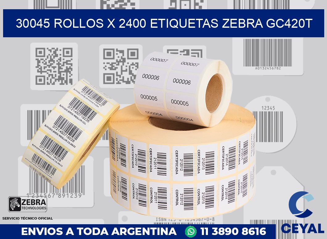 30045 Rollos x 2400 etiquetas zebra gc420t