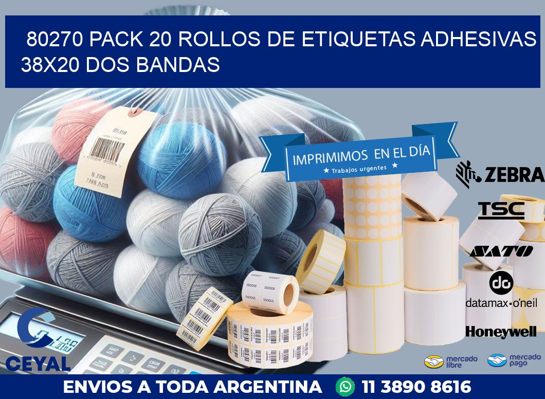 80270 PACK 20 ROLLOS DE ETIQUETAS ADHESIVAS 38X20 DOS BANDAS