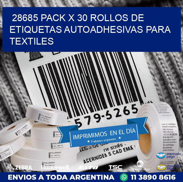 28685 PACK X 30 ROLLOS DE ETIQUETAS AUTOADHESIVAS PARA TEXTILES