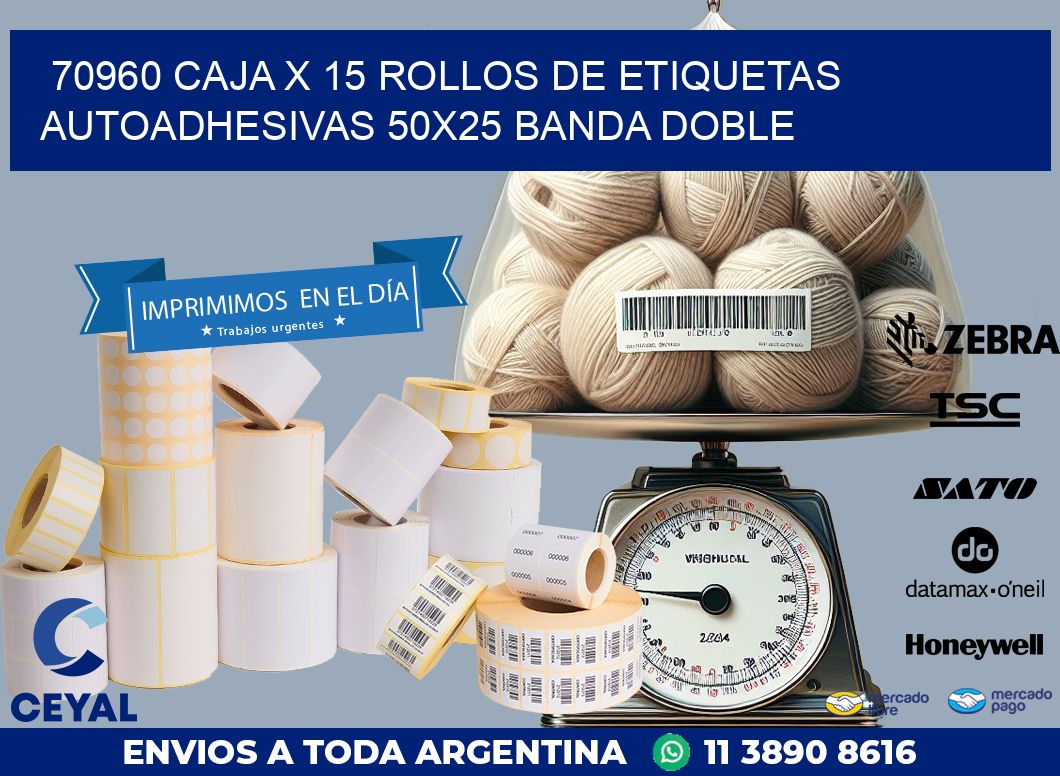70960 CAJA X 15 ROLLOS DE ETIQUETAS AUTOADHESIVAS 50X25 BANDA DOBLE