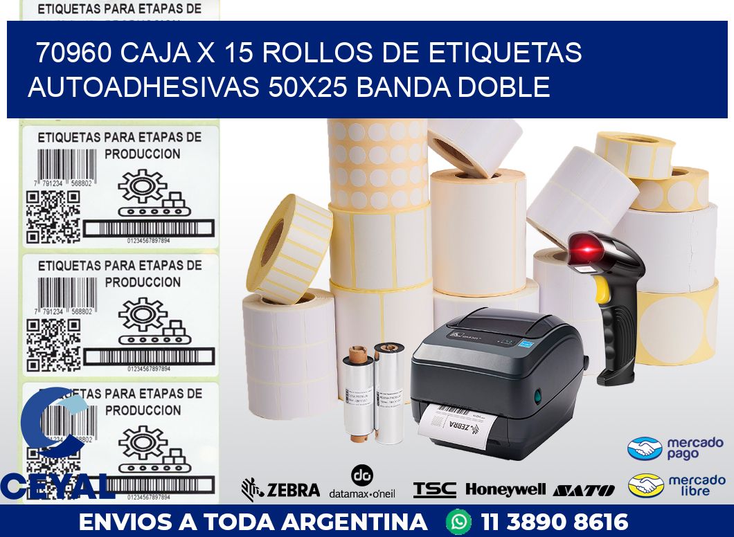 70960 CAJA X 15 ROLLOS DE ETIQUETAS AUTOADHESIVAS 50X25 BANDA DOBLE