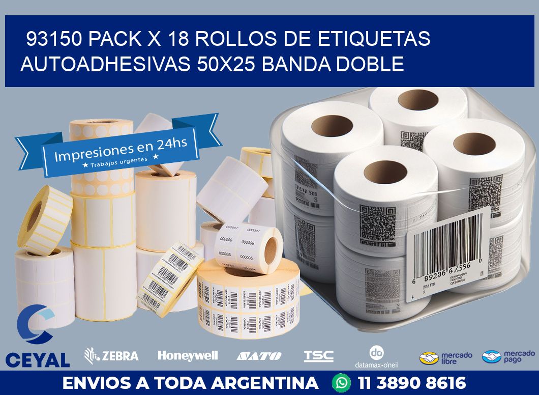 93150 PACK X 18 ROLLOS DE ETIQUETAS AUTOADHESIVAS 50X25 BANDA DOBLE