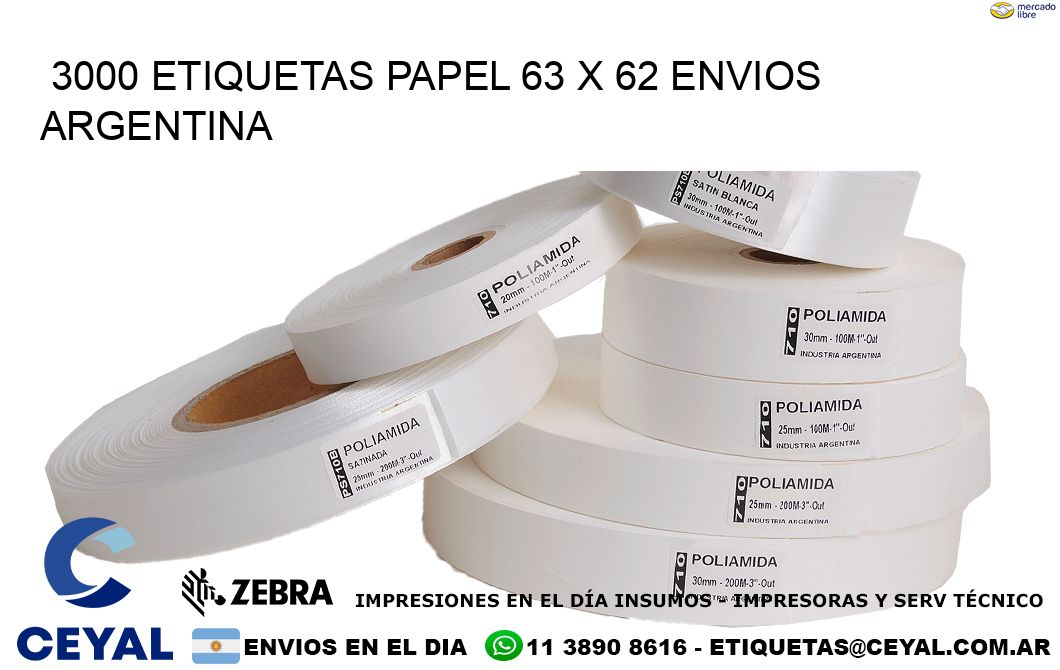 3000 ETIQUETAS PAPEL 63 x 62 ENVIOS ARGENTINA