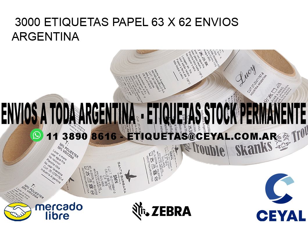 3000 ETIQUETAS PAPEL 63 x 62 ENVIOS ARGENTINA