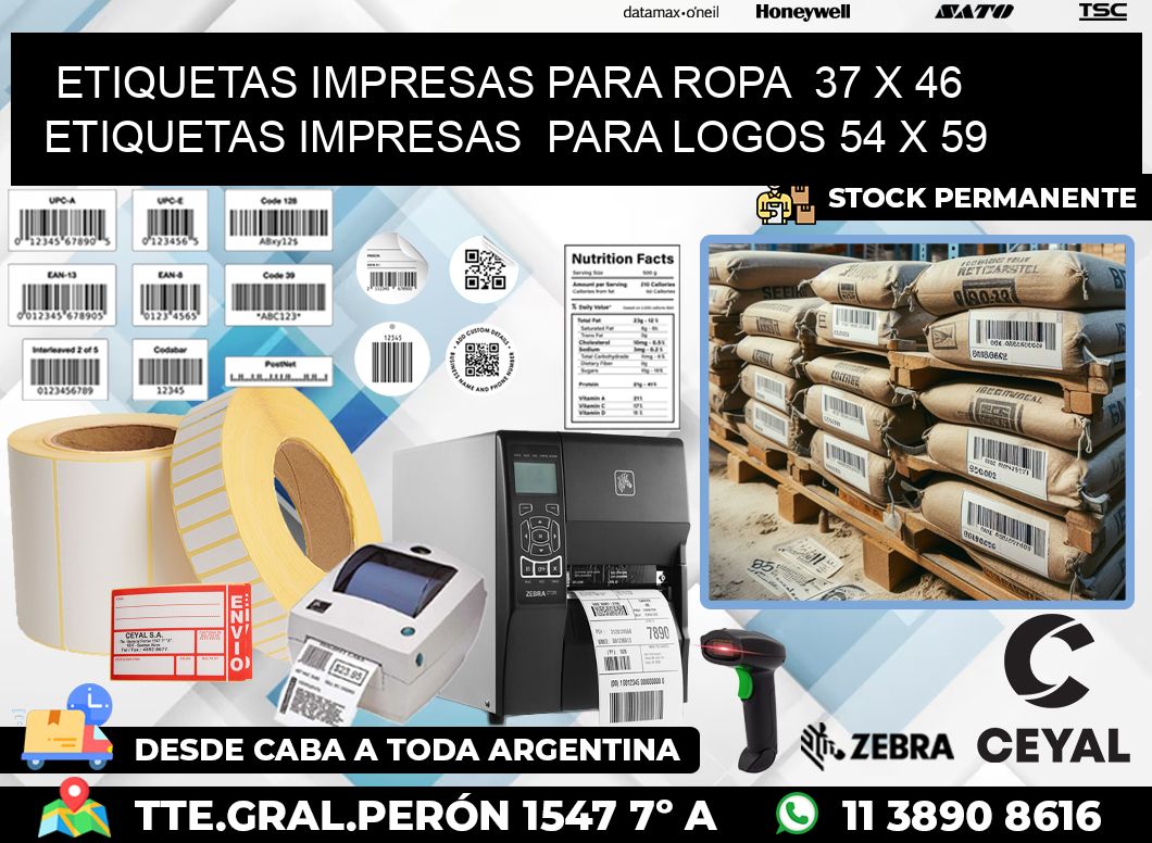 ETIQUETAS IMPRESAS PARA ROPA  37 x 46 ETIQUETAS IMPRESAS  PARA LOGOS 54 x 59