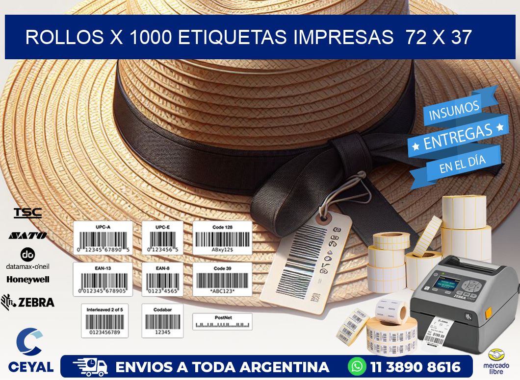 ROLLOS X 1000 ETIQUETAS IMPRESAS  72 x 37