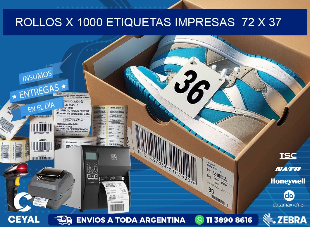 ROLLOS X 1000 ETIQUETAS IMPRESAS  72 x 37