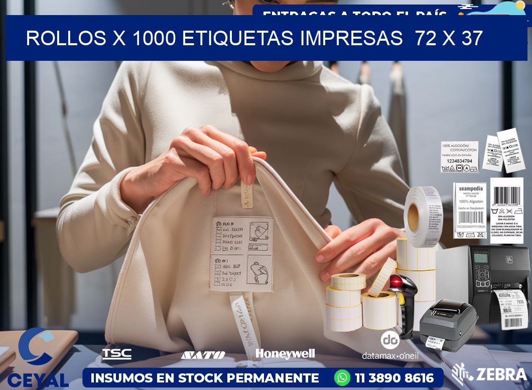 ROLLOS X 1000 ETIQUETAS IMPRESAS  72 x 37