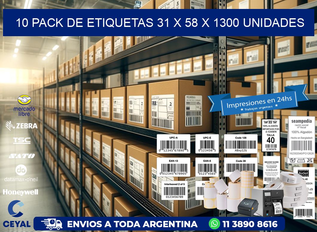 10 PACK DE ETIQUETAS 31 x 58 X 1300 UNIDADES