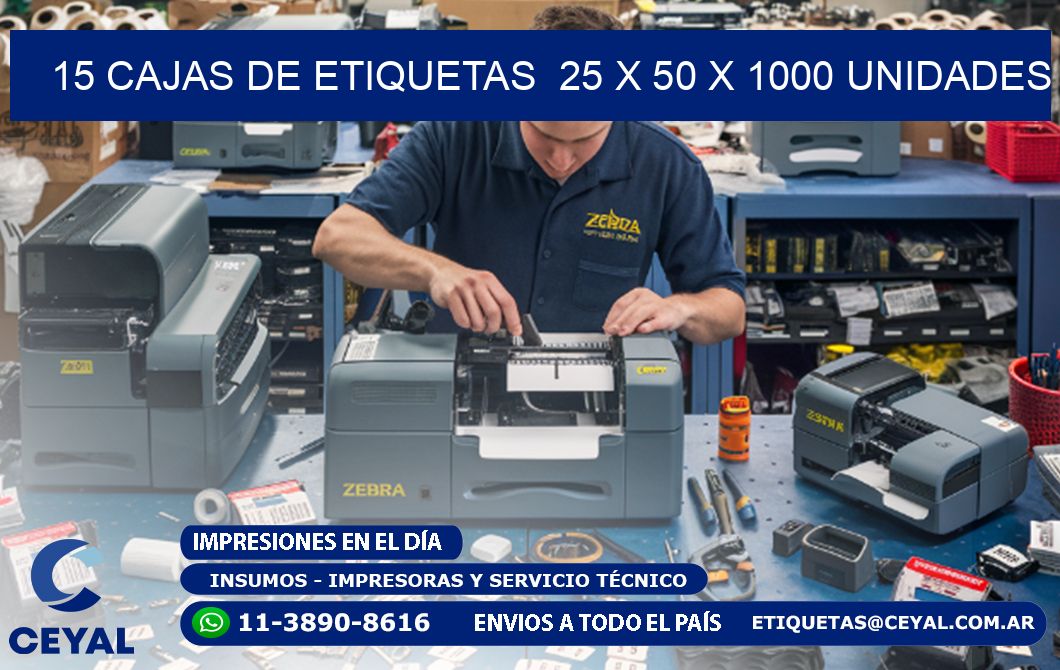 15 CAJAS DE ETIQUETAS  25 x 50 X 1000 UNIDADES