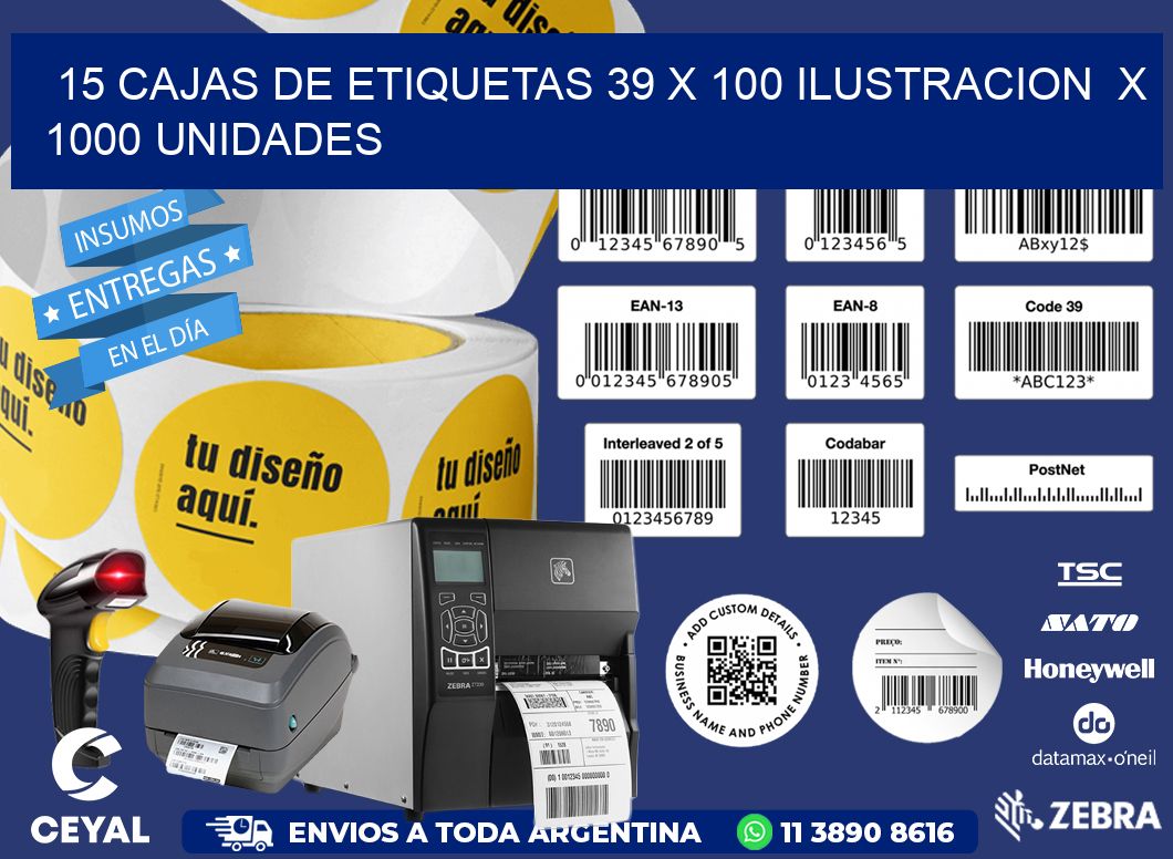 15 CAJAS DE ETIQUETAS 39 x 100 ILUSTRACION  X 1000 UNIDADES