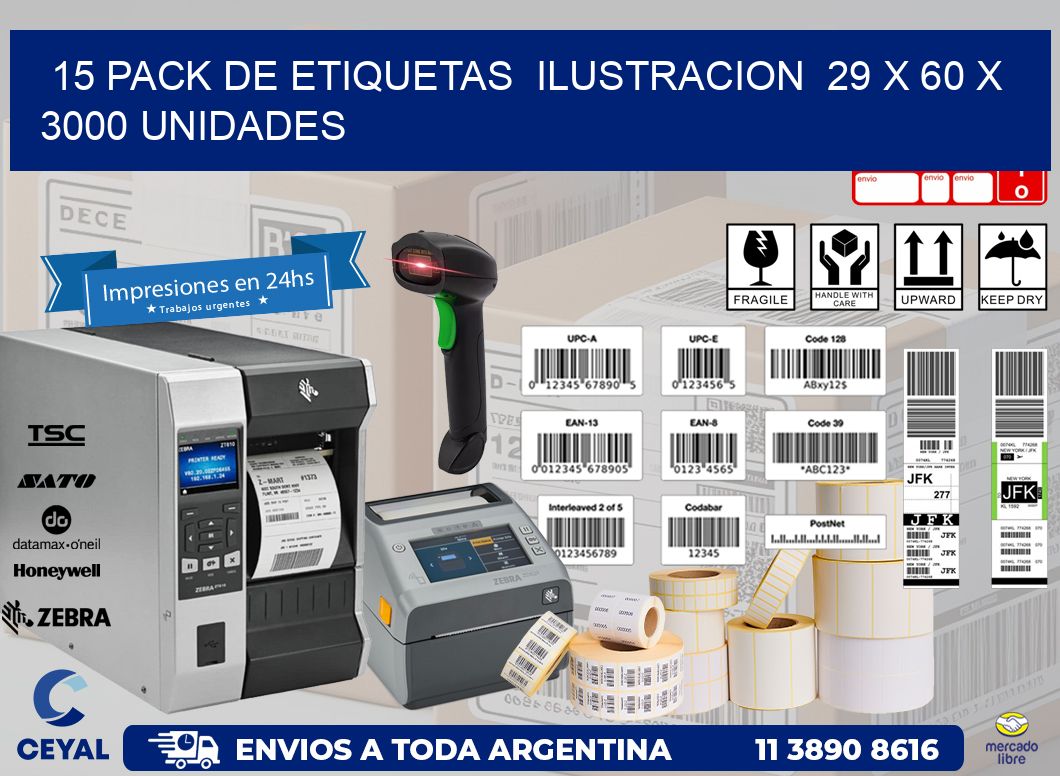 15 PACK DE ETIQUETAS  ILUSTRACION  29 x 60 X 3000 UNIDADES