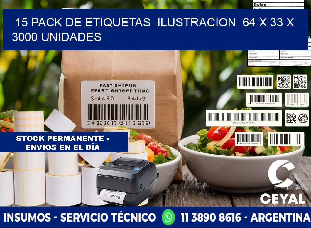 15 PACK DE ETIQUETAS  ILUSTRACION  64 x 33 X 3000 UNIDADES