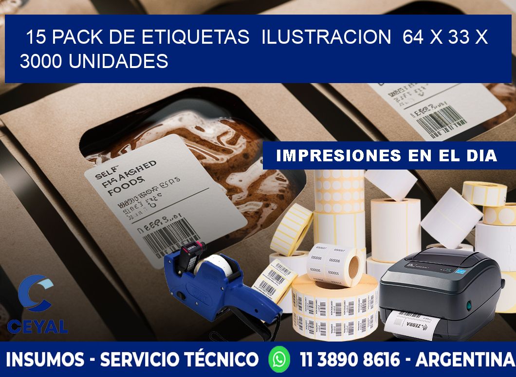 15 PACK DE ETIQUETAS  ILUSTRACION  64 x 33 X 3000 UNIDADES