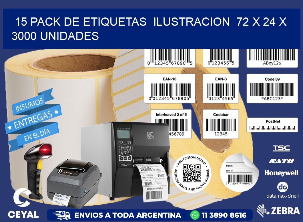15 PACK DE ETIQUETAS  ILUSTRACION  72 x 24 X 3000 UNIDADES
