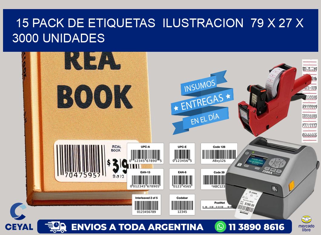 15 PACK DE ETIQUETAS  ILUSTRACION  79 x 27 X 3000 UNIDADES