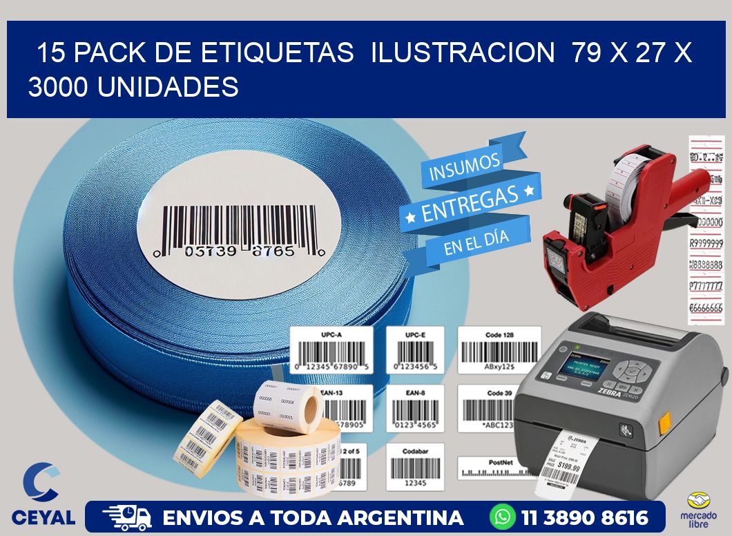 15 PACK DE ETIQUETAS  ILUSTRACION  79 x 27 X 3000 UNIDADES