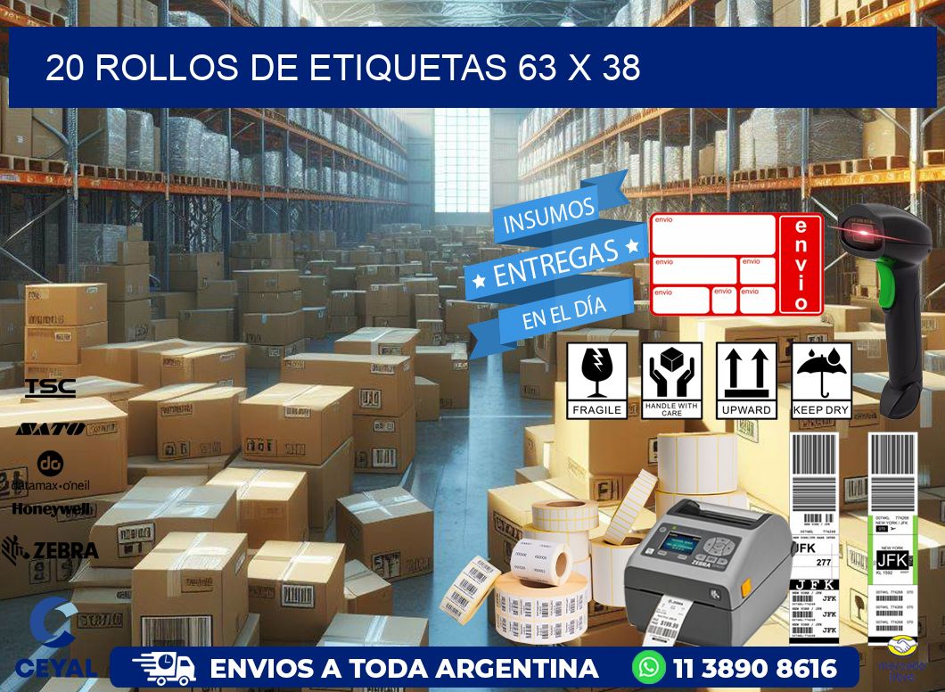 20 ROLLOS DE ETIQUETAS 63 x 38