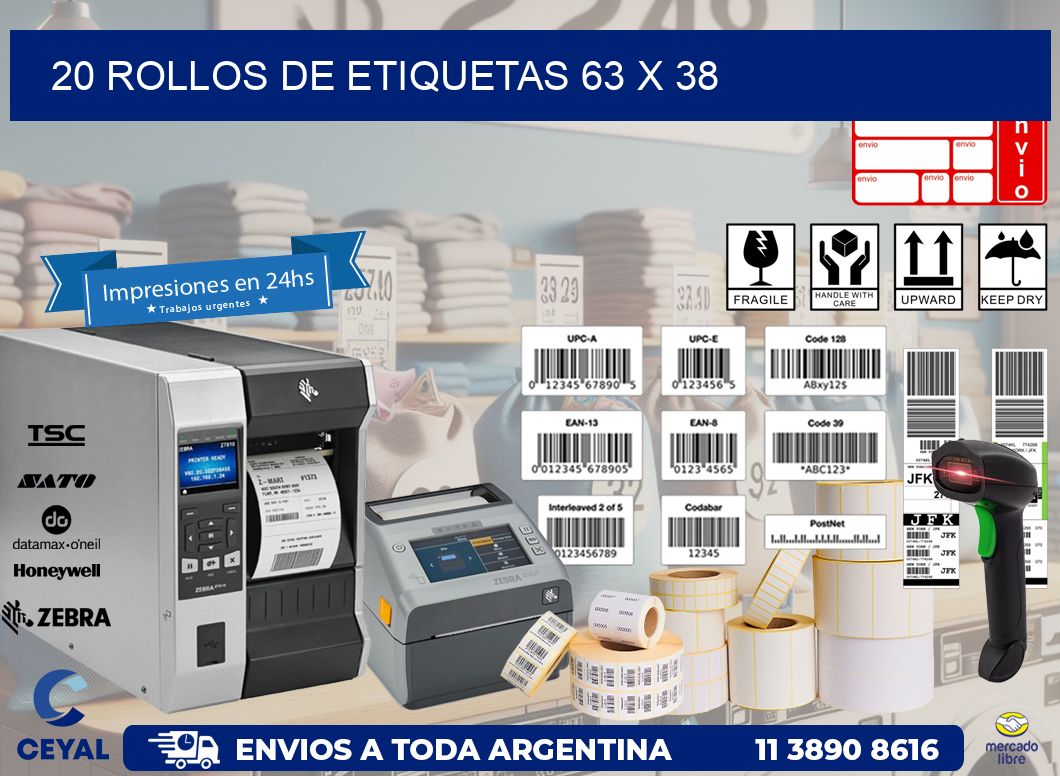 20 ROLLOS DE ETIQUETAS 63 x 38