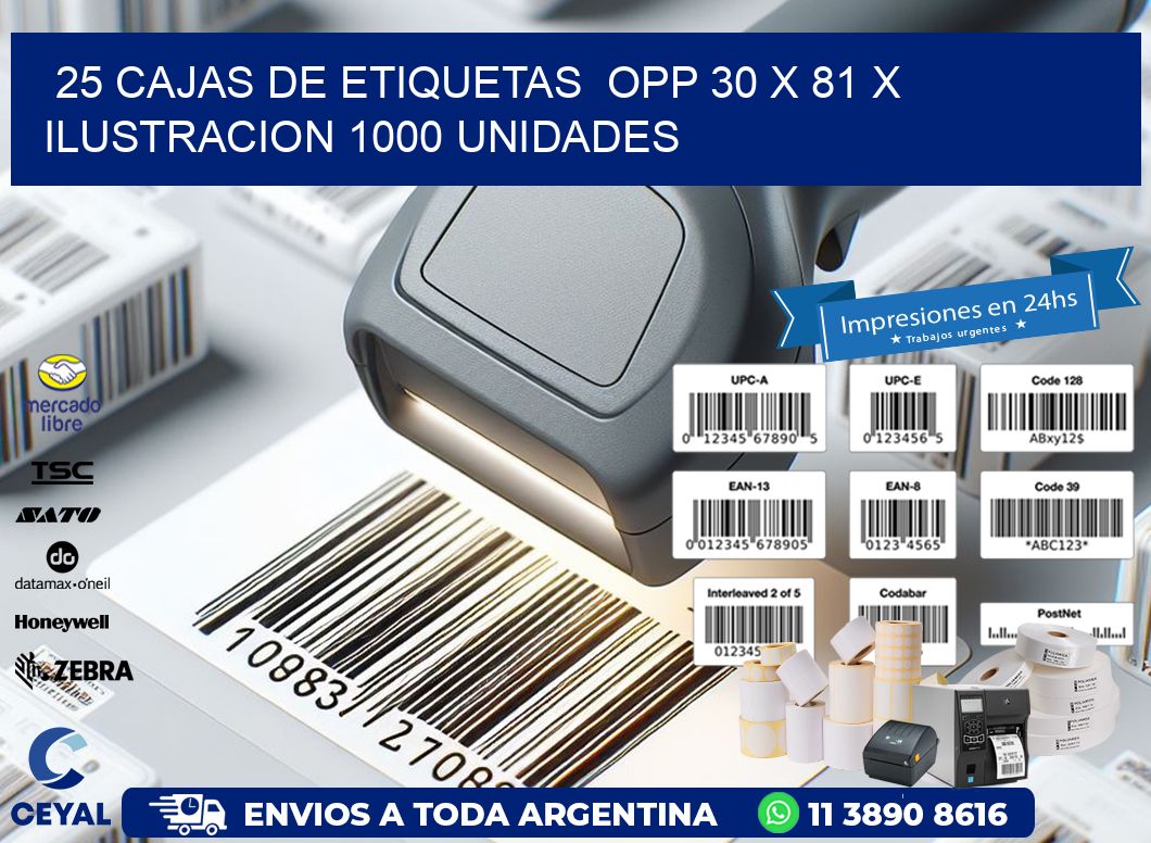 25 CAJAS DE ETIQUETAS  OPP 30 x 81 X ILUSTRACION 1000 UNIDADES