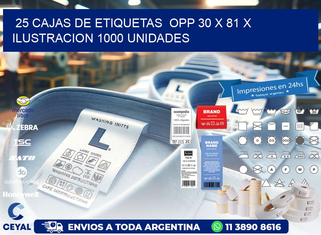 25 CAJAS DE ETIQUETAS  OPP 30 x 81 X ILUSTRACION 1000 UNIDADES