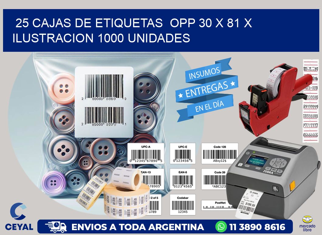 25 CAJAS DE ETIQUETAS  OPP 30 x 81 X ILUSTRACION 1000 UNIDADES