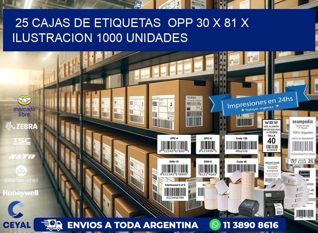 25 CAJAS DE ETIQUETAS  OPP 30 x 81 X ILUSTRACION 1000 UNIDADES