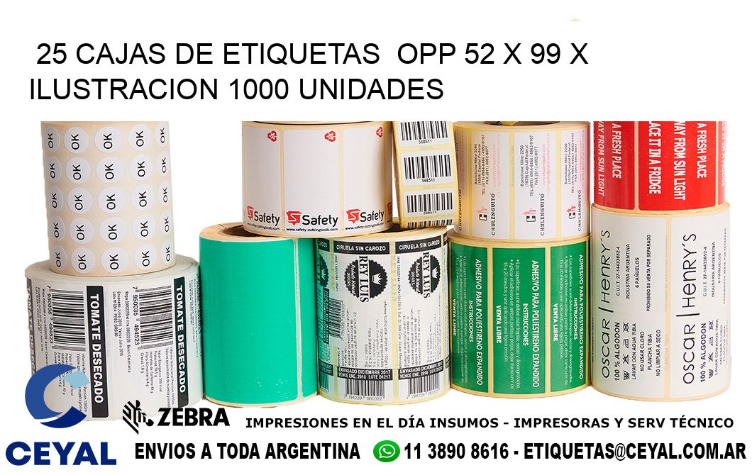 25 CAJAS DE ETIQUETAS  OPP 52 x 99 X ILUSTRACION 1000 UNIDADES