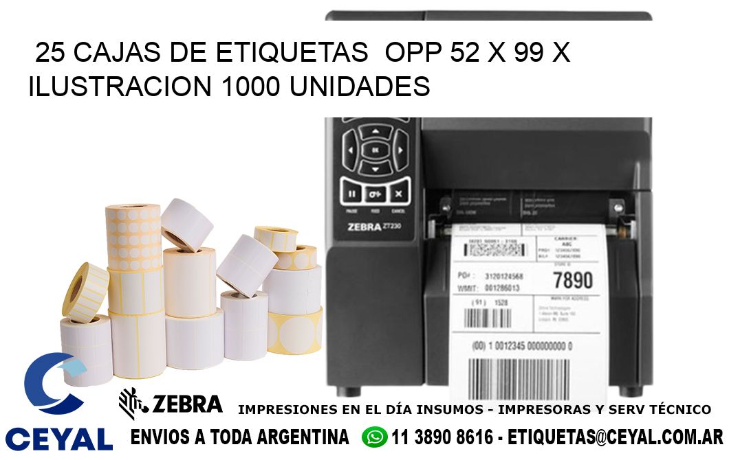 25 CAJAS DE ETIQUETAS  OPP 52 x 99 X ILUSTRACION 1000 UNIDADES