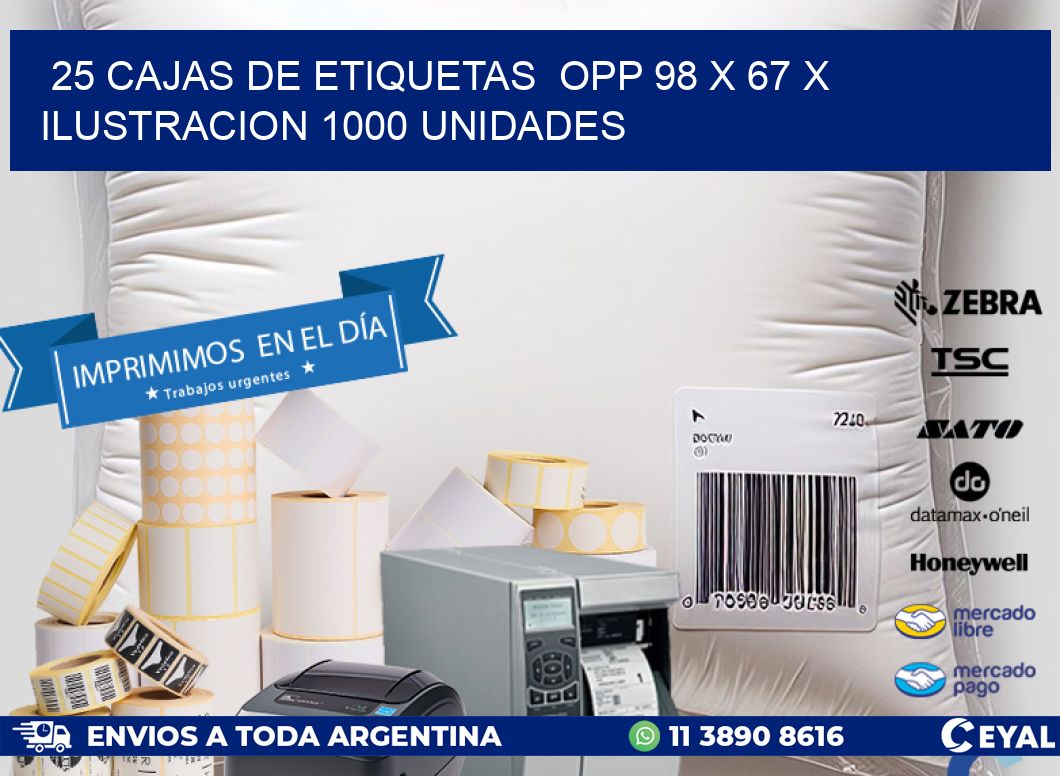 25 CAJAS DE ETIQUETAS  OPP 98 x 67 X ILUSTRACION 1000 UNIDADES