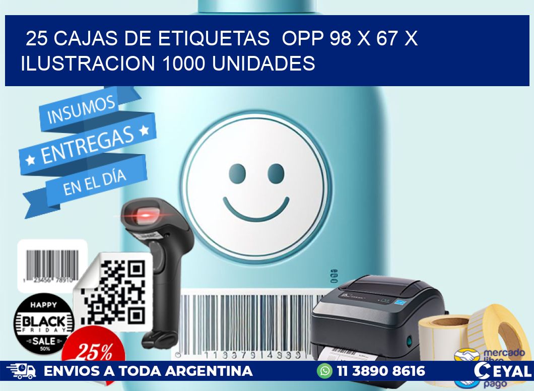 25 CAJAS DE ETIQUETAS  OPP 98 x 67 X ILUSTRACION 1000 UNIDADES