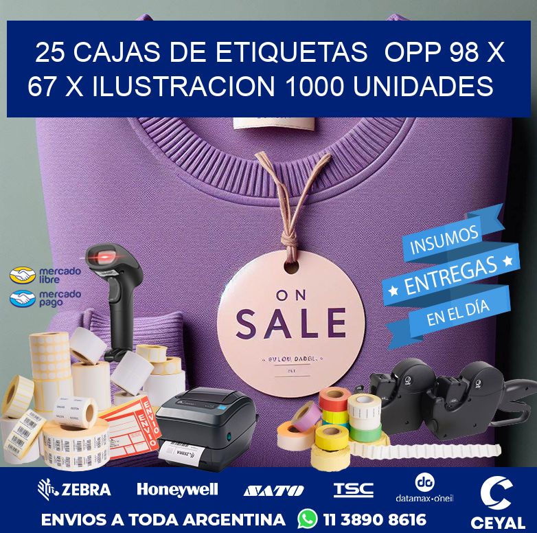 25 CAJAS DE ETIQUETAS  OPP 98 x 67 X ILUSTRACION 1000 UNIDADES