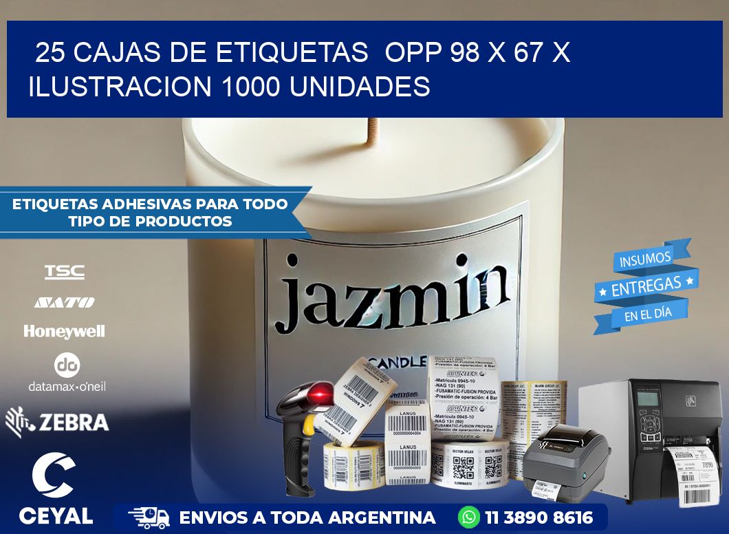 25 CAJAS DE ETIQUETAS  OPP 98 x 67 X ILUSTRACION 1000 UNIDADES