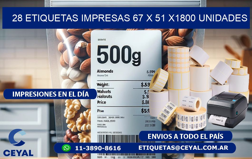 28 ETIQUETAS IMPRESAS 67 x 51 X1800 UNIDADES