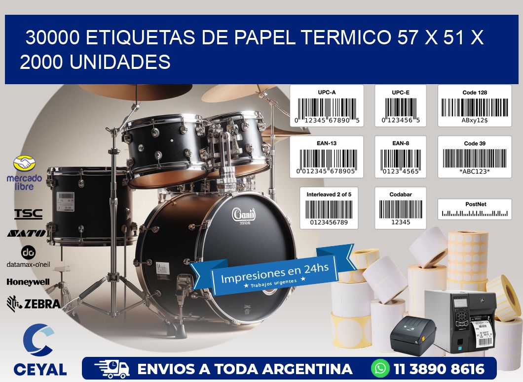 30000 ETIQUETAS DE PAPEL TERMICO 57 x 51 X 2000 UNIDADES