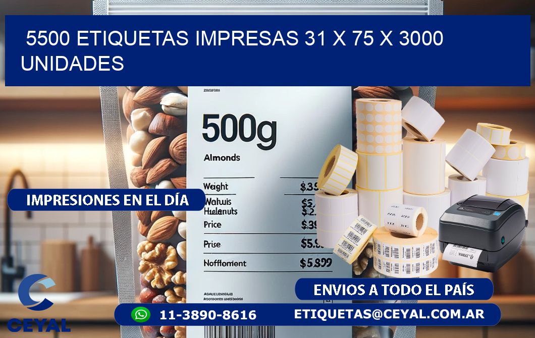 5500 ETIQUETAS IMPRESAS 31 x 75 X 3000 UNIDADES