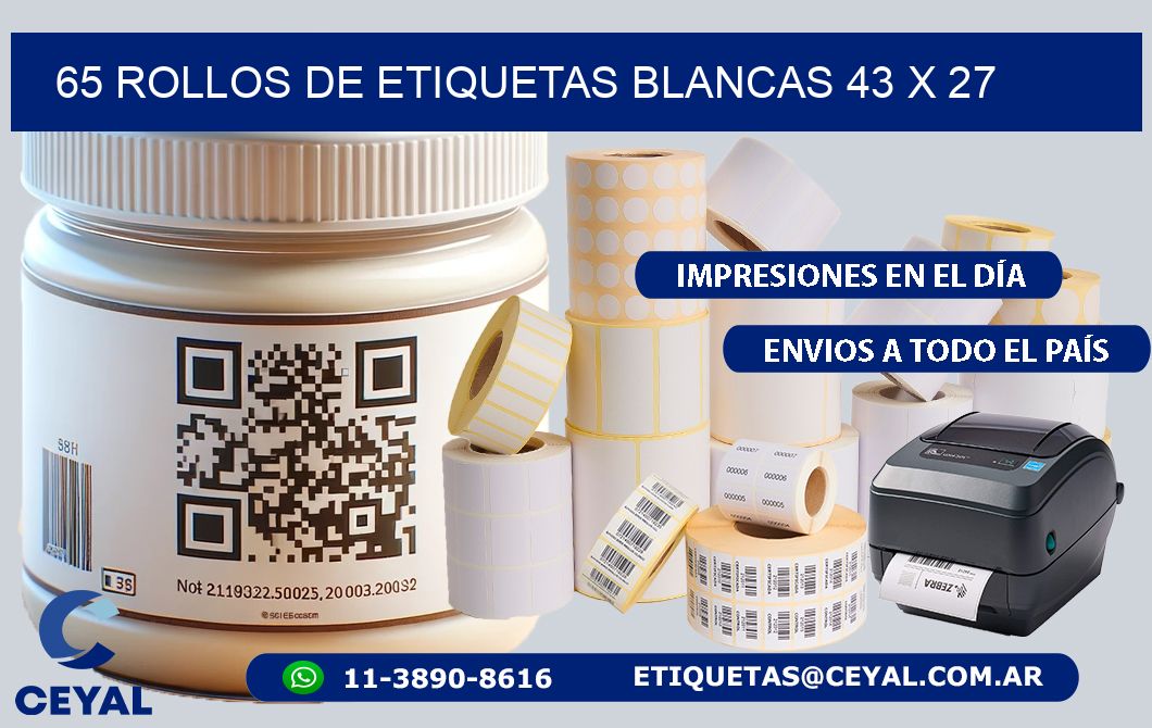 65 ROLLOS DE ETIQUETAS BLANCAS 43 x 27