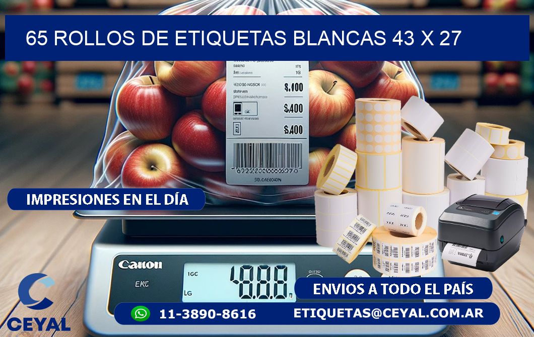 65 ROLLOS DE ETIQUETAS BLANCAS 43 x 27