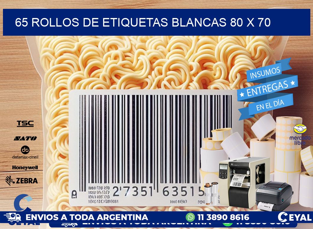 65 ROLLOS DE ETIQUETAS BLANCAS 80 x 70