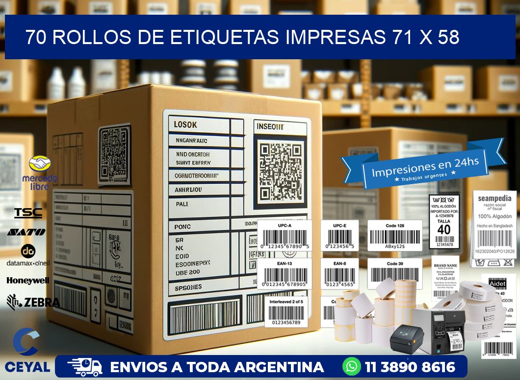 70 ROLLOS DE ETIQUETAS IMPRESAS 71 x 58