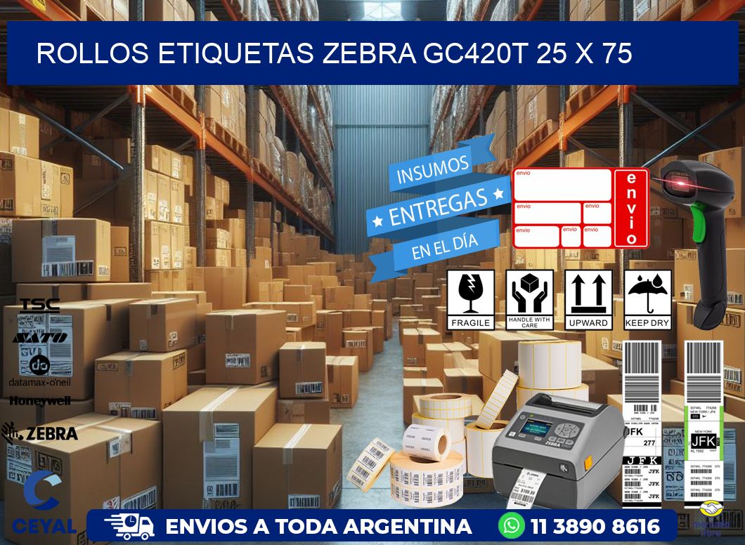 ROLLOS ETIQUETAS Zebra GC420T 25 x 75