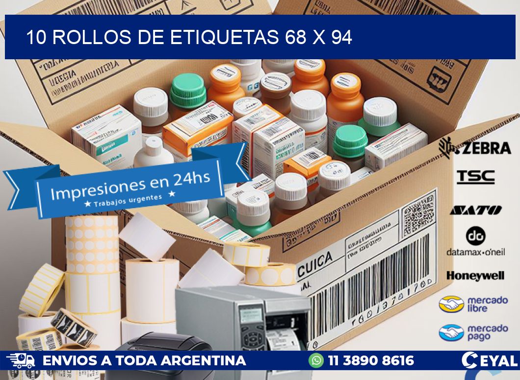 10 ROLLOS DE ETIQUETAS 68 x 94