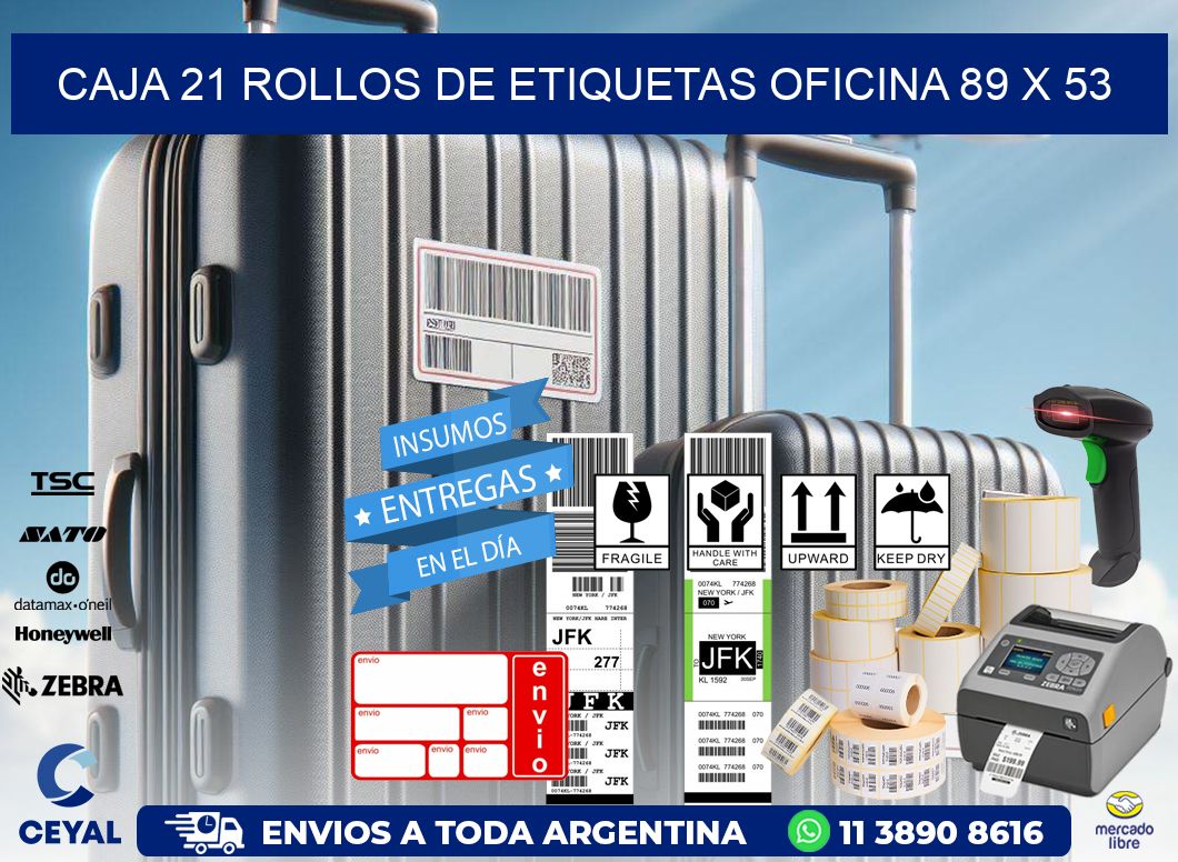 CAJA 21 ROLLOS DE ETIQUETAS OFICINA 89 x 53