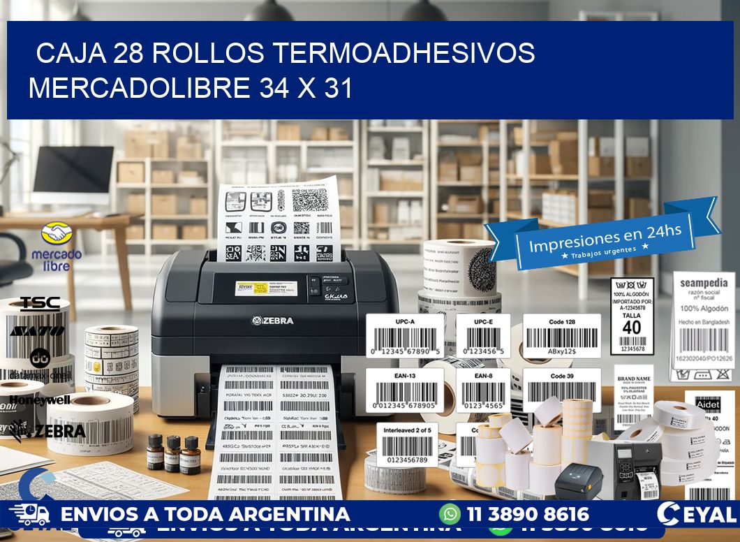 CAJA 28 ROLLOS TERMOADHESIVOS MERCADOLIBRE 34 x 31