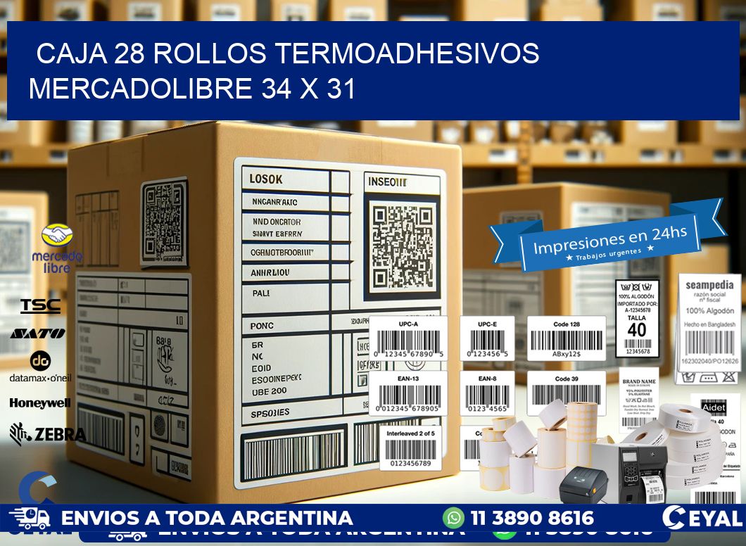 CAJA 28 ROLLOS TERMOADHESIVOS MERCADOLIBRE 34 x 31