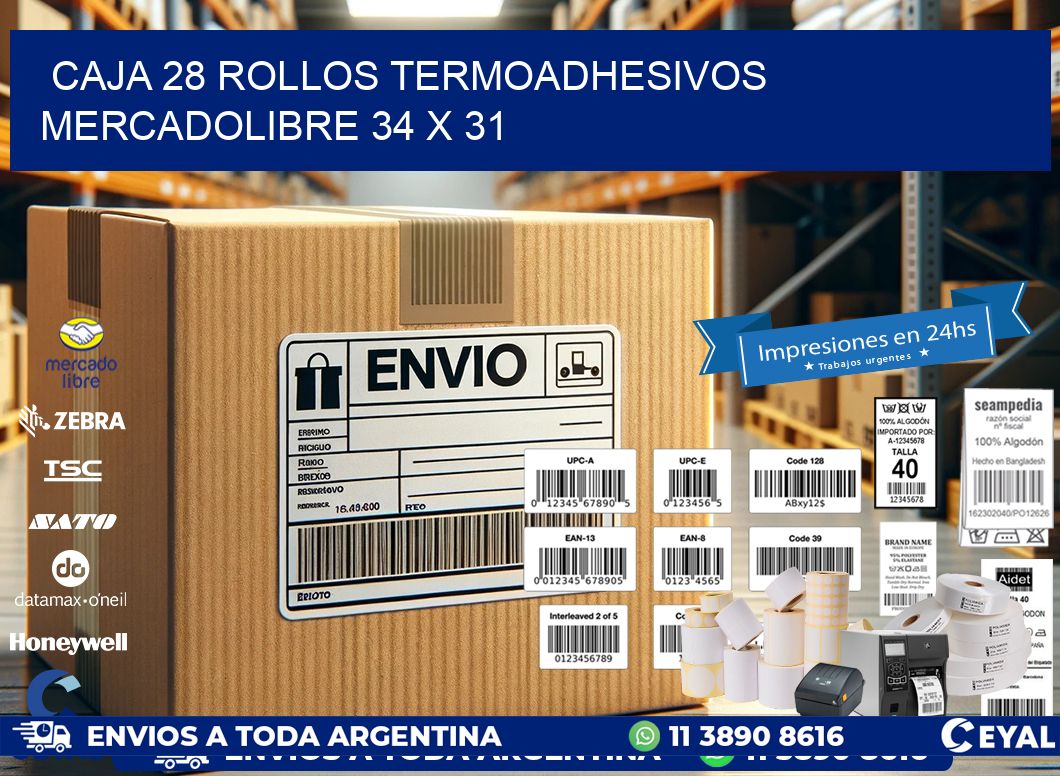 CAJA 28 ROLLOS TERMOADHESIVOS MERCADOLIBRE 34 x 31