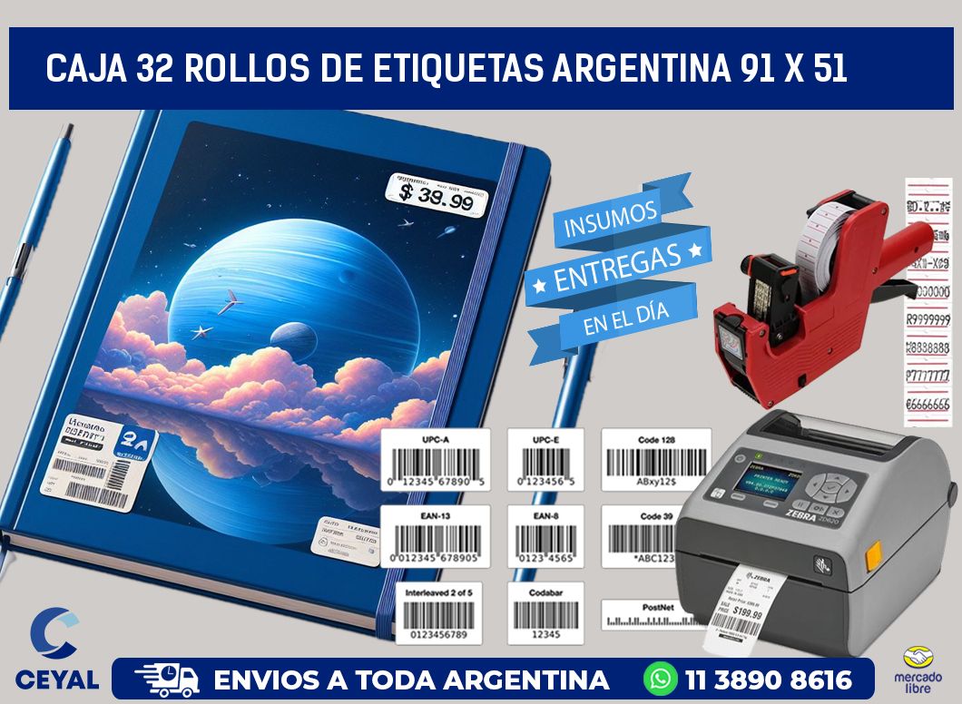 CAJA 32 ROLLOS DE ETIQUETAS ARGENTINA 91 x 51