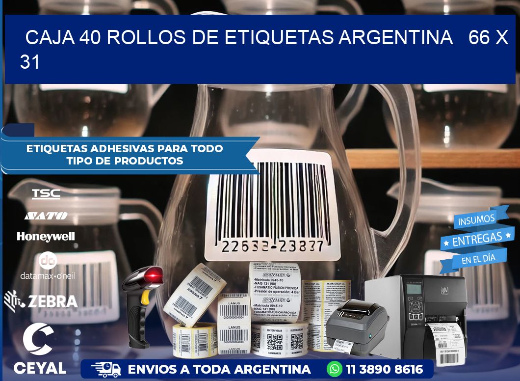 CAJA 40 ROLLOS DE ETIQUETAS ARGENTINA   66 x 31