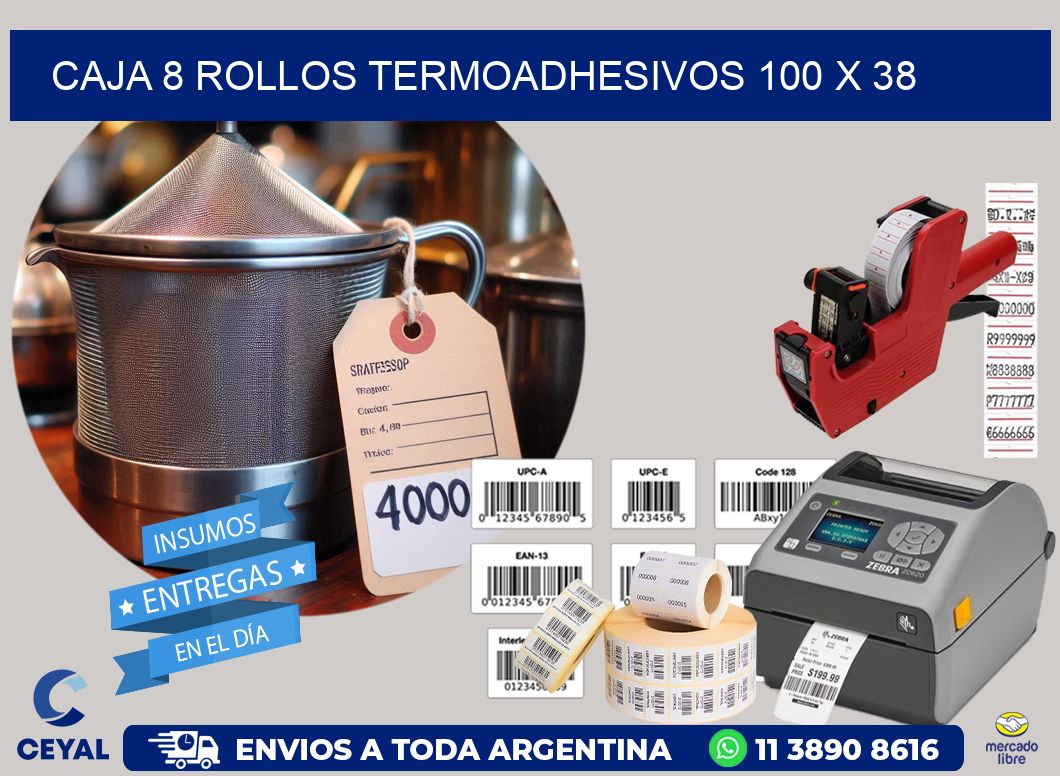 CAJA 8 ROLLOS TERMOADHESIVOS 100 x 38