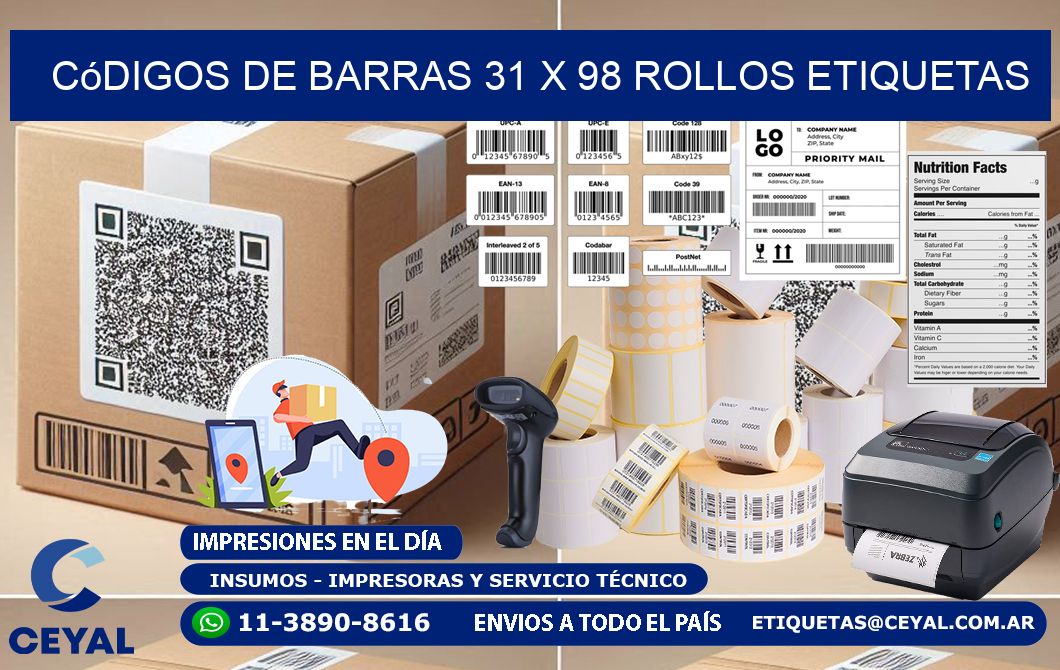 Códigos de Barras 31 x 98 ROLLOS ETIQUETAS